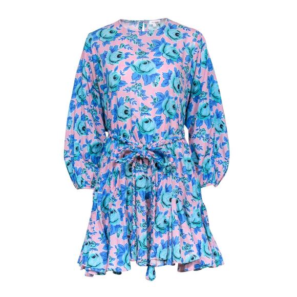 RHODE Women's Pink & Blue Floral Print Puff Sleeves Mini Dress Size Medium - Picture 2 of 16